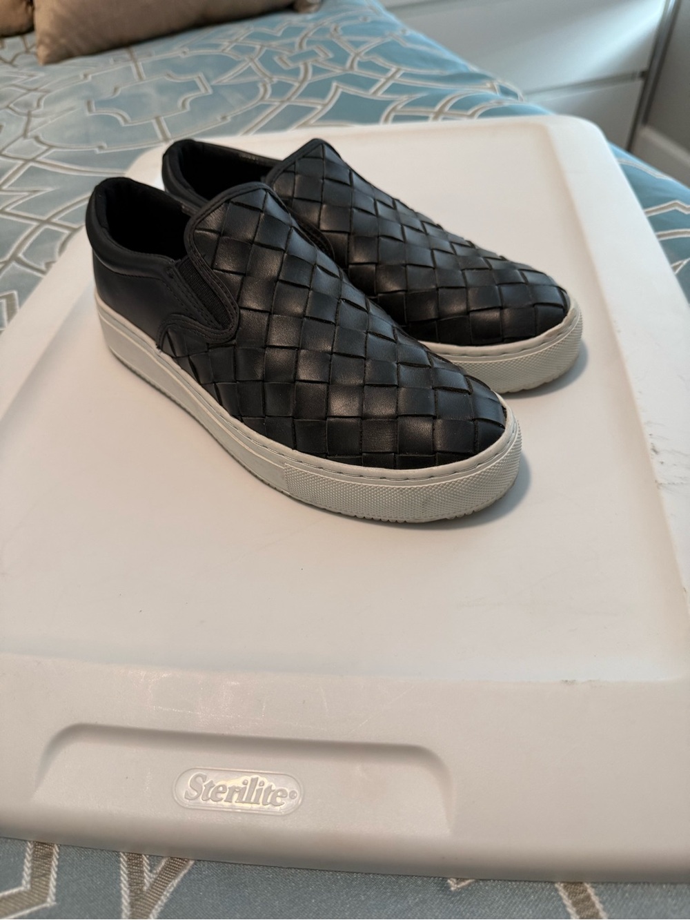Marc Fisher Black Woven Slip-On Loafers with White Sole